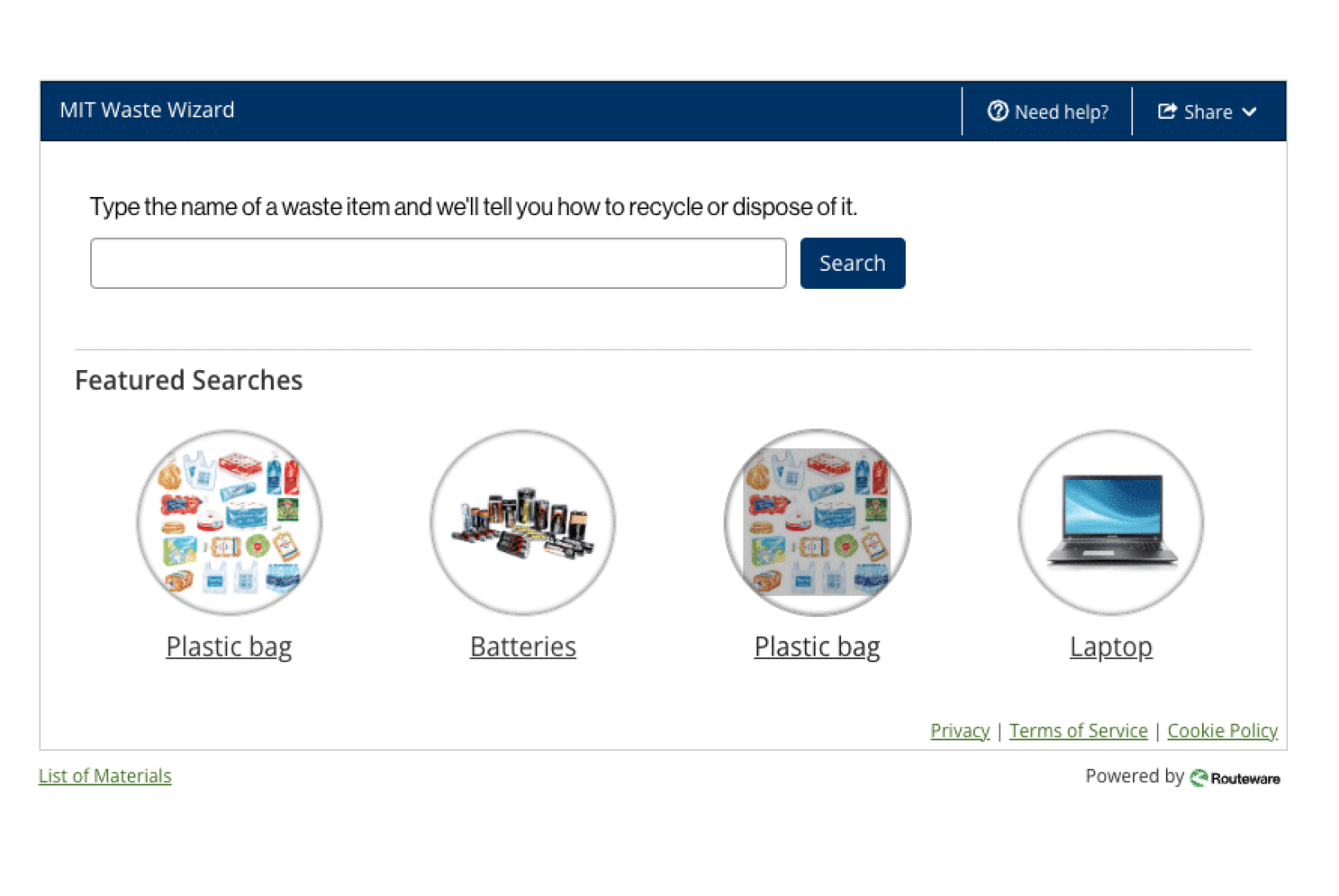 screenshot of waste database